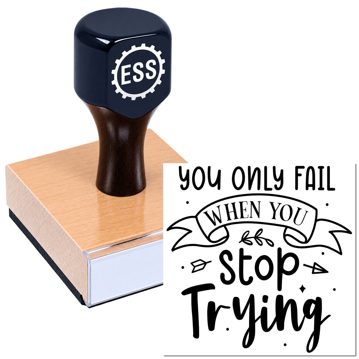 Dark navy ESS stamp on a peach wax seal block beside a black "You only fail when you stop trying" seal design.