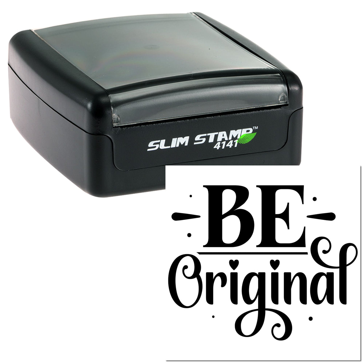 Black slim self-inking stamp and seal with white BE Original imprint and green leaf accent