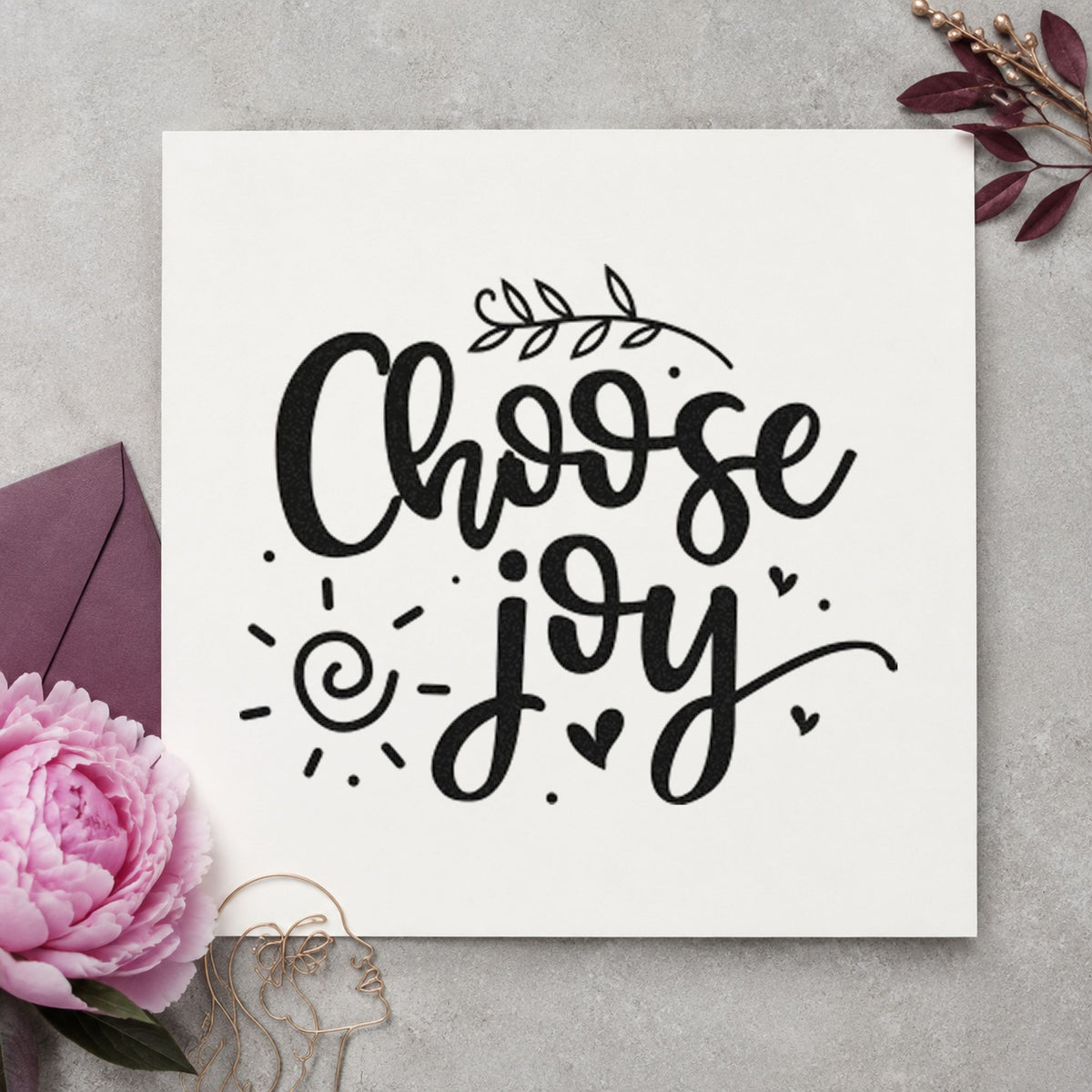 Choose Joy Leafy Script craft stamp imprint in black ink on a handmade project, one idea being shaker gift tags.