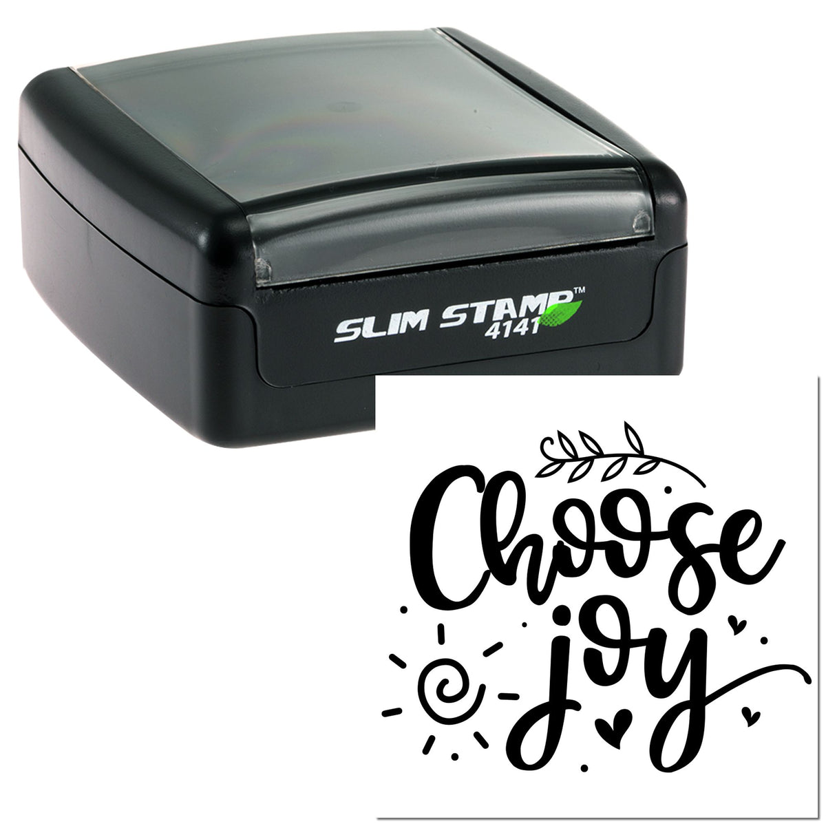 Black slim self-inking stamp with clear lid and Choose Joy decorative seal design.