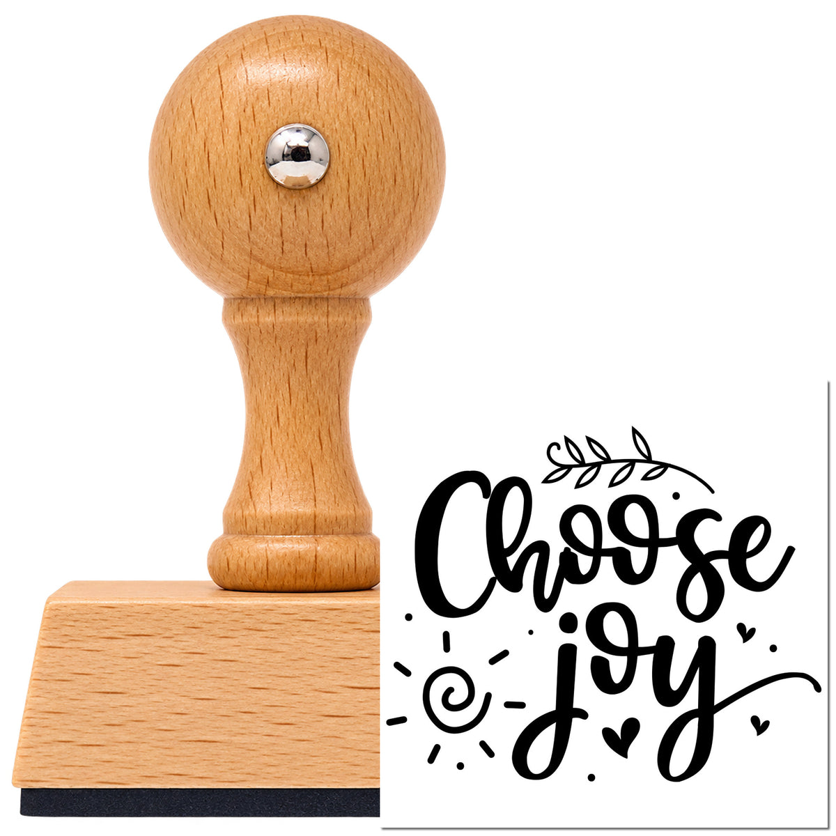 Vintage Pro beech wood stamp with a round knob handle, shown with its black Choose Joy Leafy Script Lettering imprint on white.
