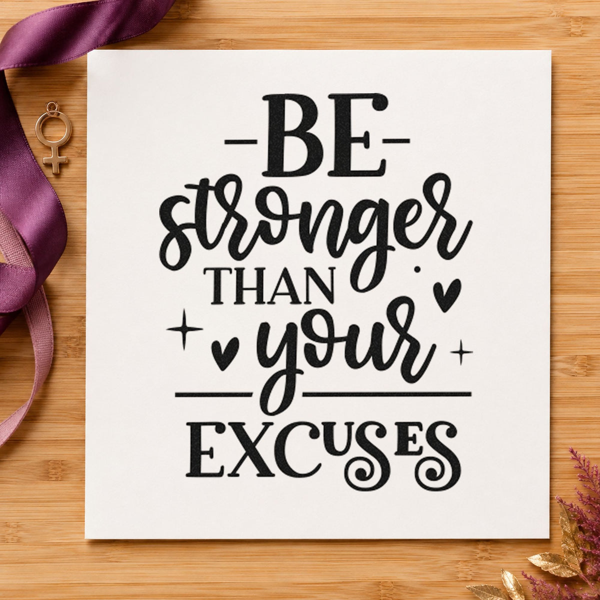 Stronger Than Your Excuses craft stamp in black ink on cardstock, an easy option for challenge album page.