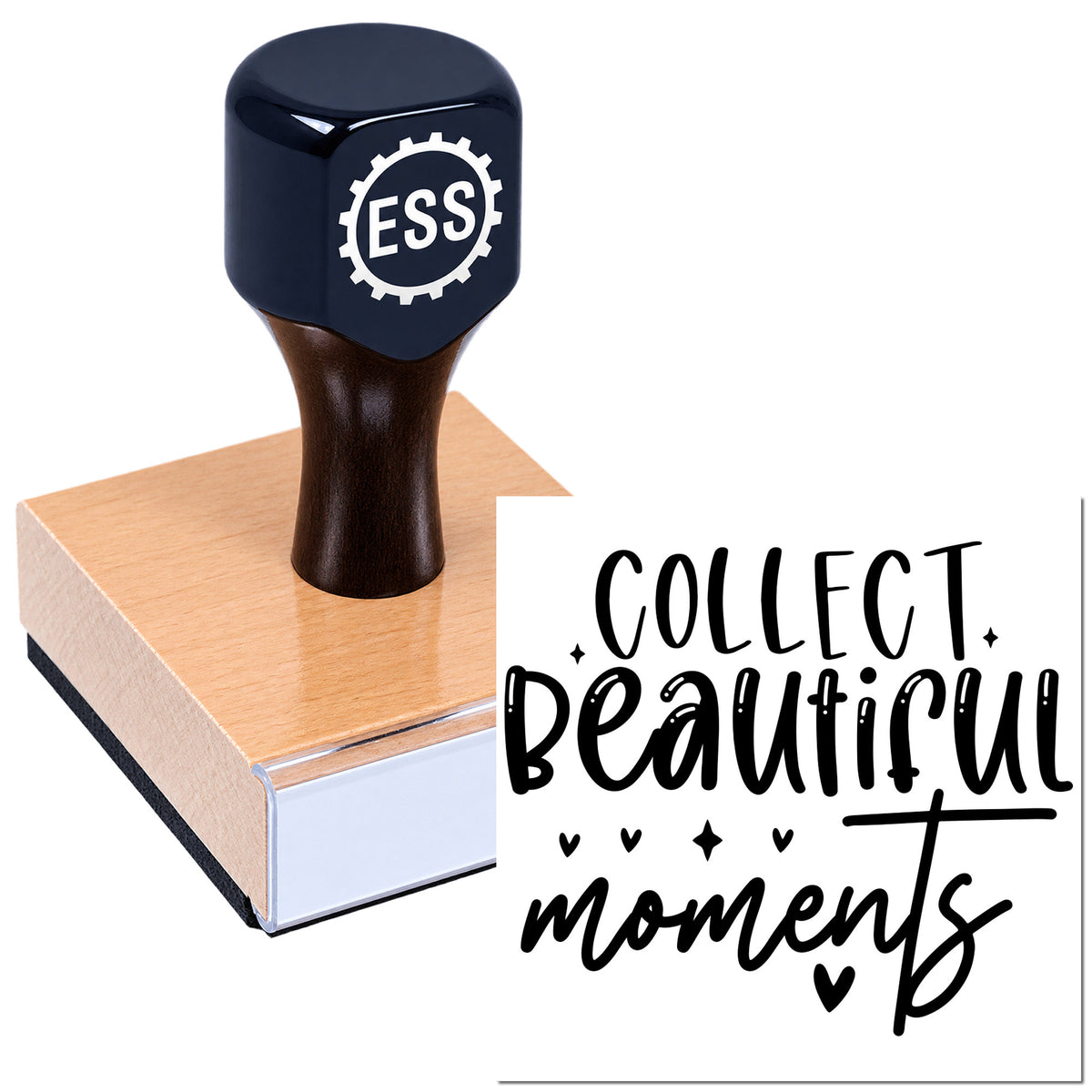 Black and copper custom rubber stamp and seal with ESSI logo and "Collect Beautiful Moments" text