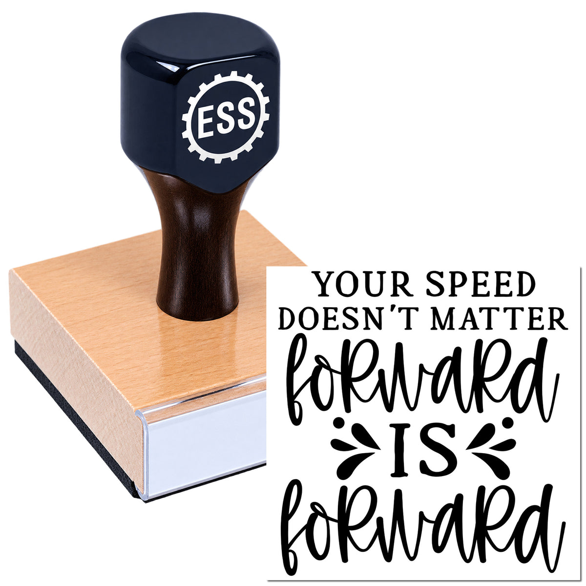 Black ESS self-inking stamp on a pink seal pad, with "Your speed doesn't matter" in bold black lettering.