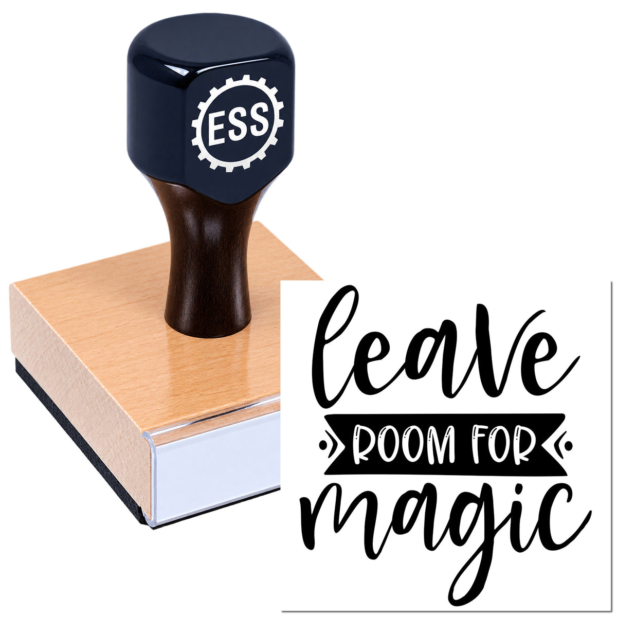 Black ESS rubber stamp on a pink wood seal block with a black-and-white "leave room for magic" design.
