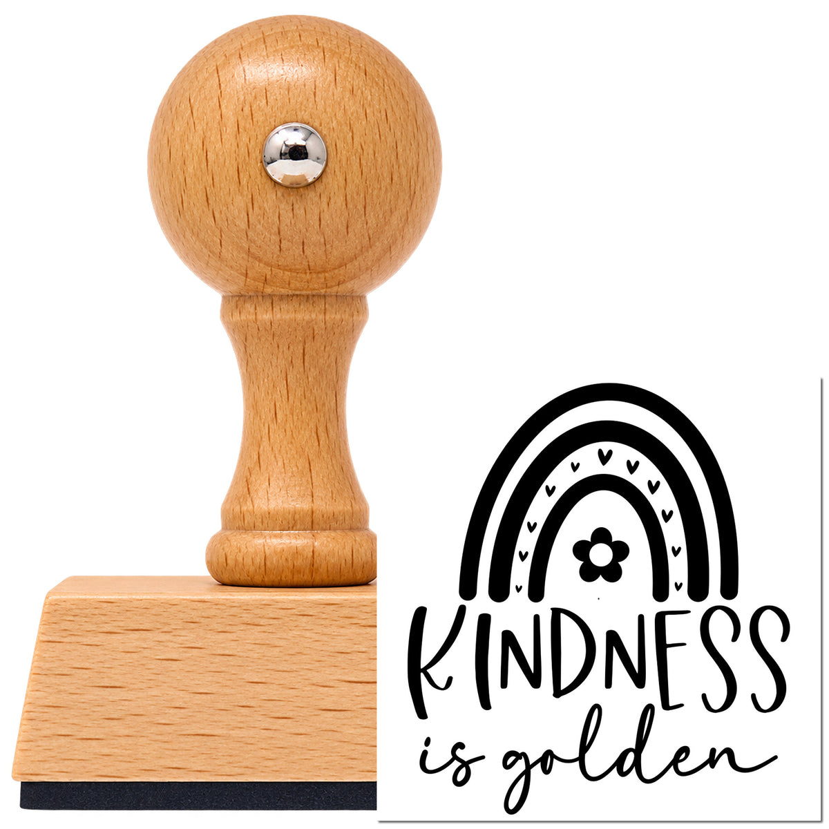 Vintage Pro beech wood stamp with a round knob handle, shown with its black Kindness Is Golden Rainbow Floral Accents imprint on white.