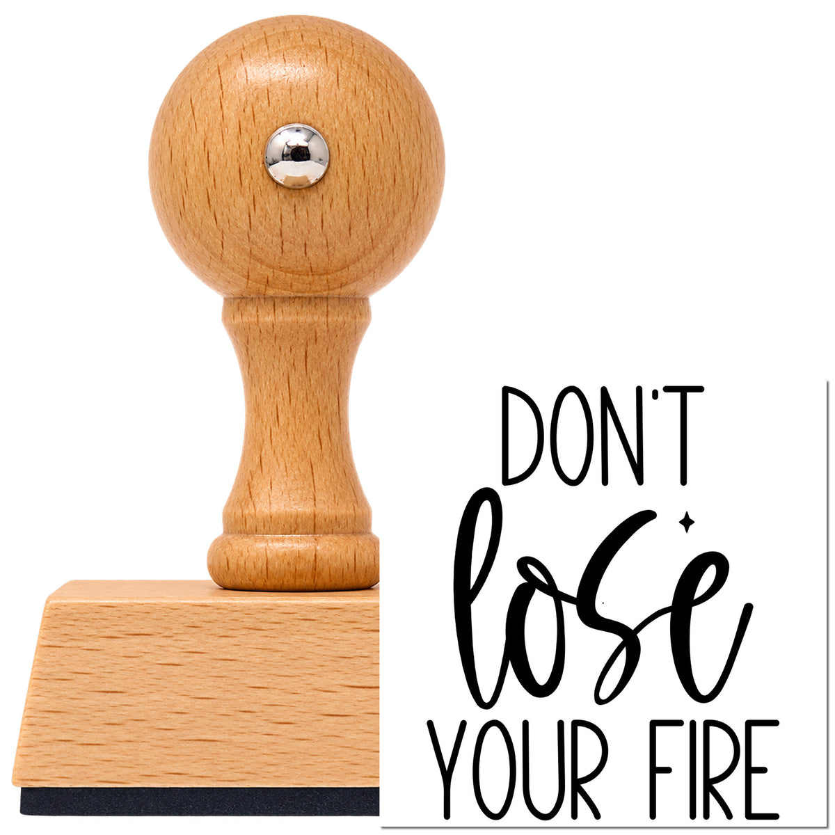 Vintage Pro beech wood stamp with a round knob handle, shown with its black Do Not Lose Fire imprint on white.