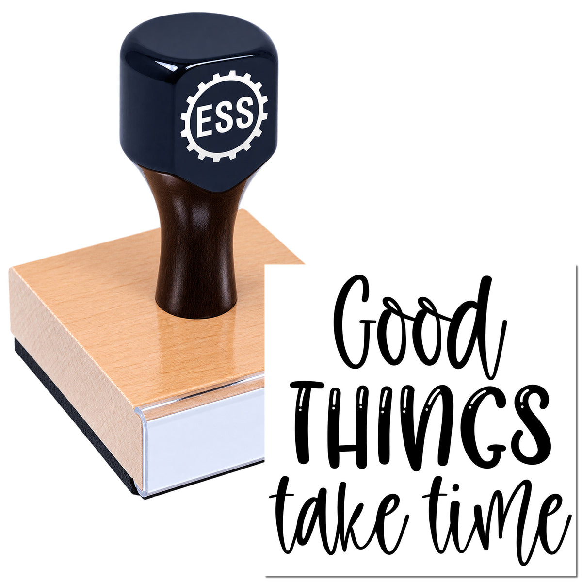 Navy ESS rubber stamp and wooden seal block with black "Good Things take time" imprint.