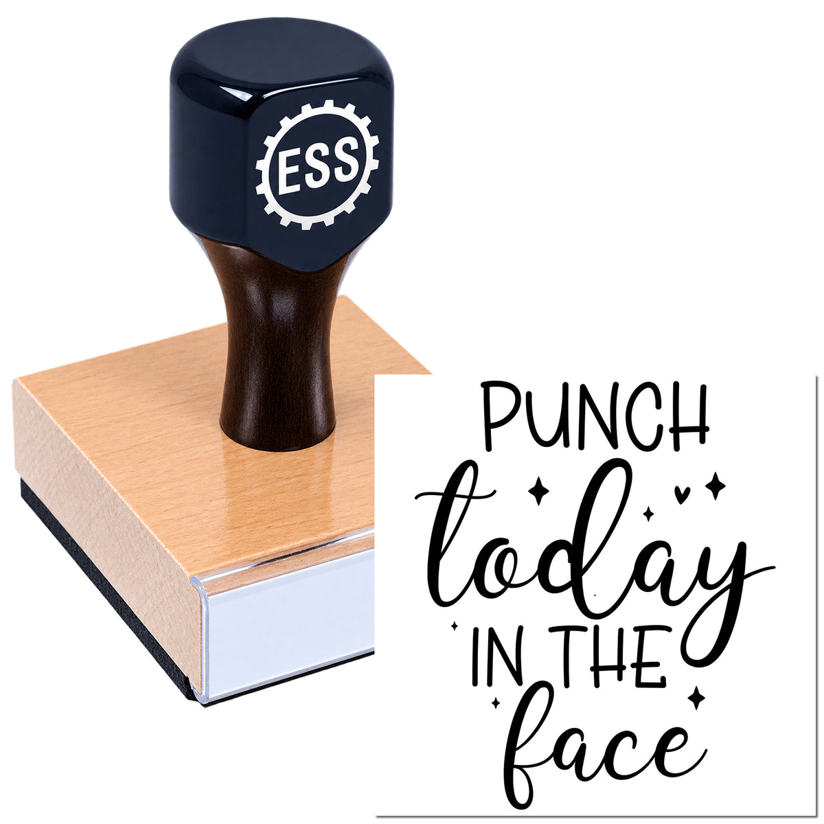 Black ESS seal stamp on a copper-toned block with white "Punch Today" lettering and decorative stars.