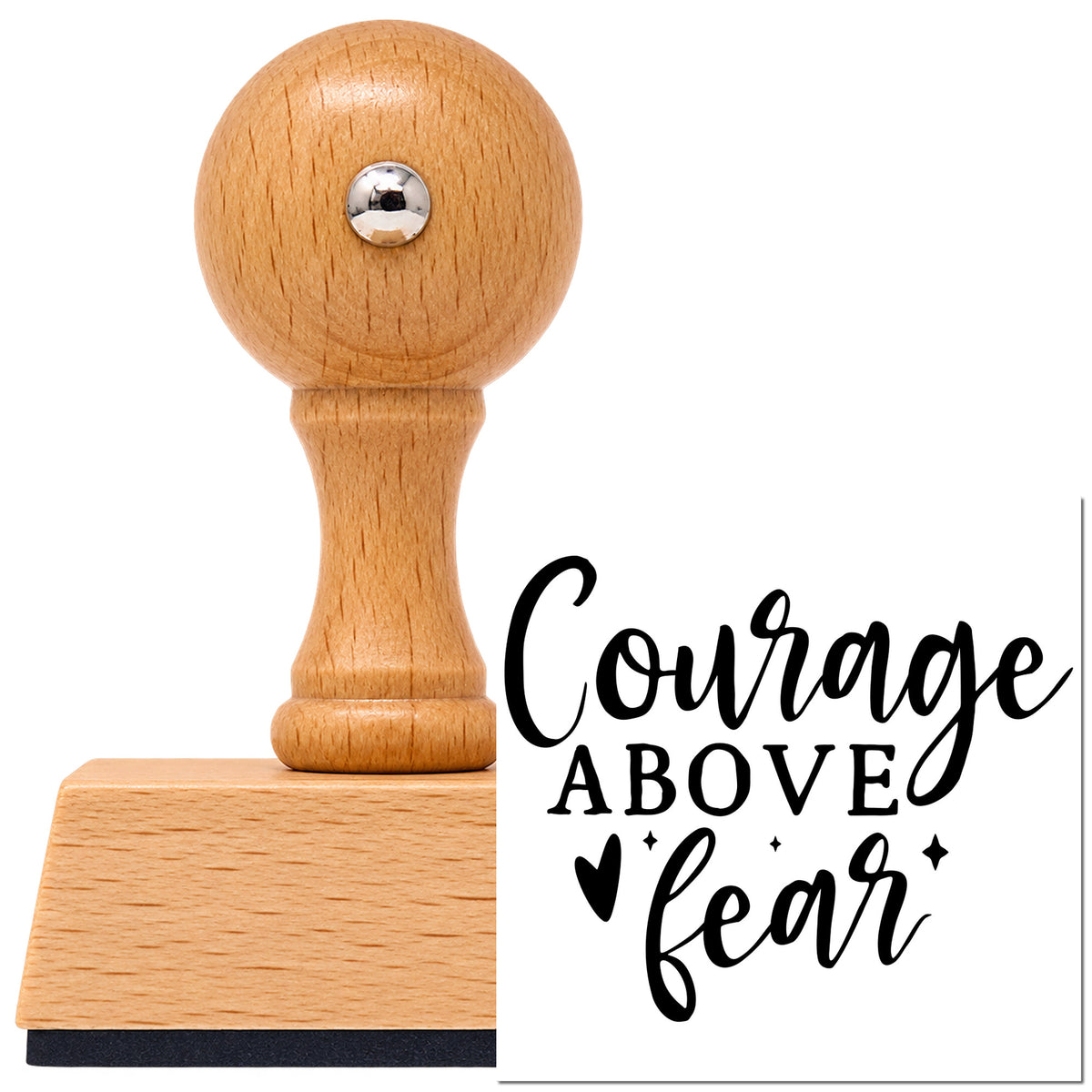 Vintage Pro beech wood stamp with a round knob handle, shown with its black Courage Above Fear imprint on white.