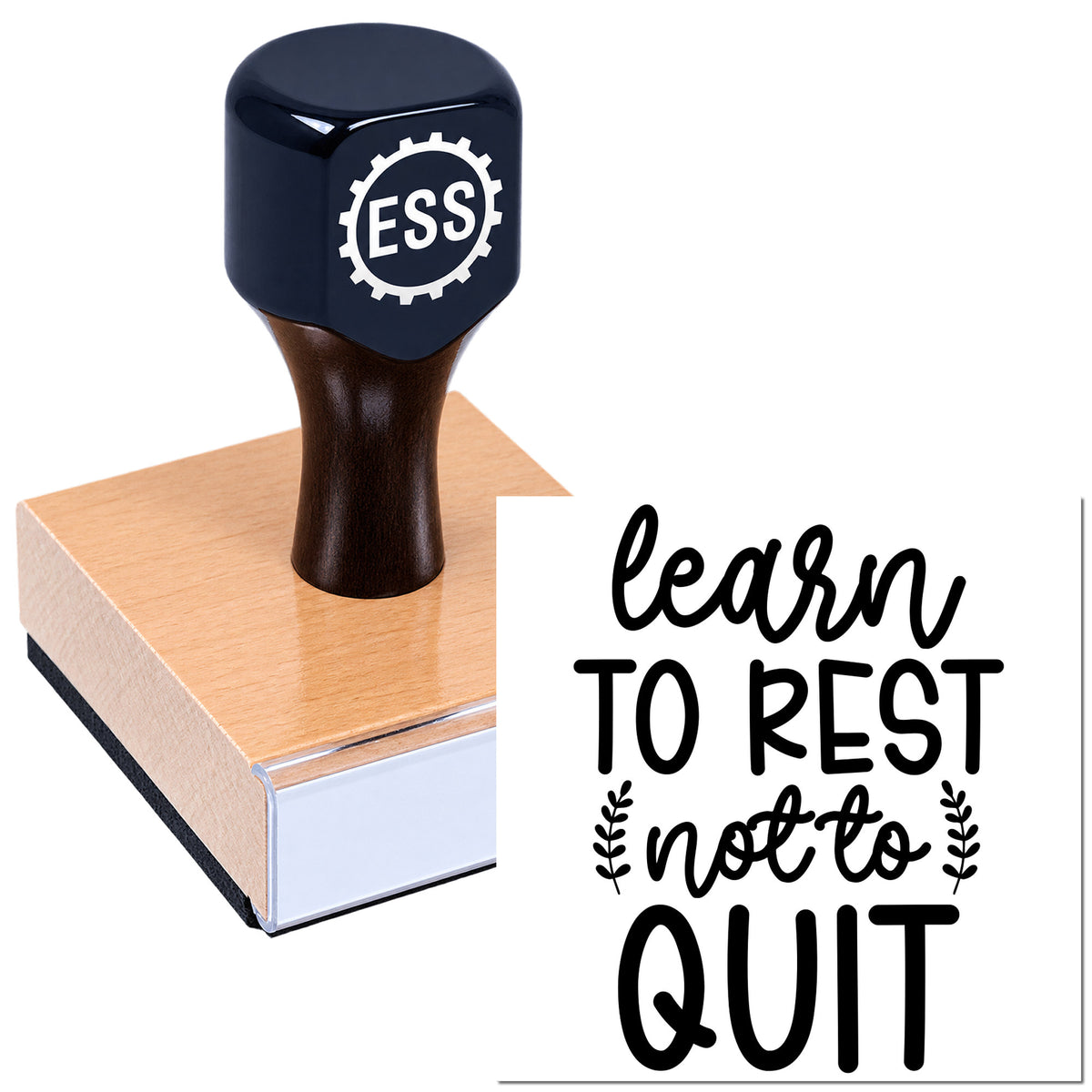 Navy ESS custom rubber stamp on pink wood block, featuring black "learn to rest not to quit" seal text.
