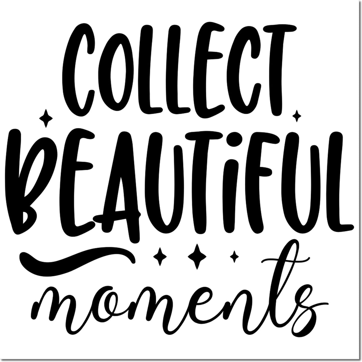 Black decorative stamp seal reading Collect beautiful moments with stars and swoosh on a white background.
