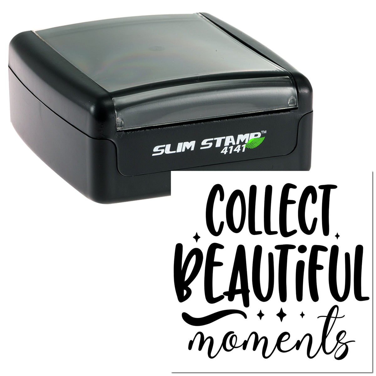 Black and gray Slim Stamp 4141 self-inking stamp with Collect Beautiful Moments seal on white background