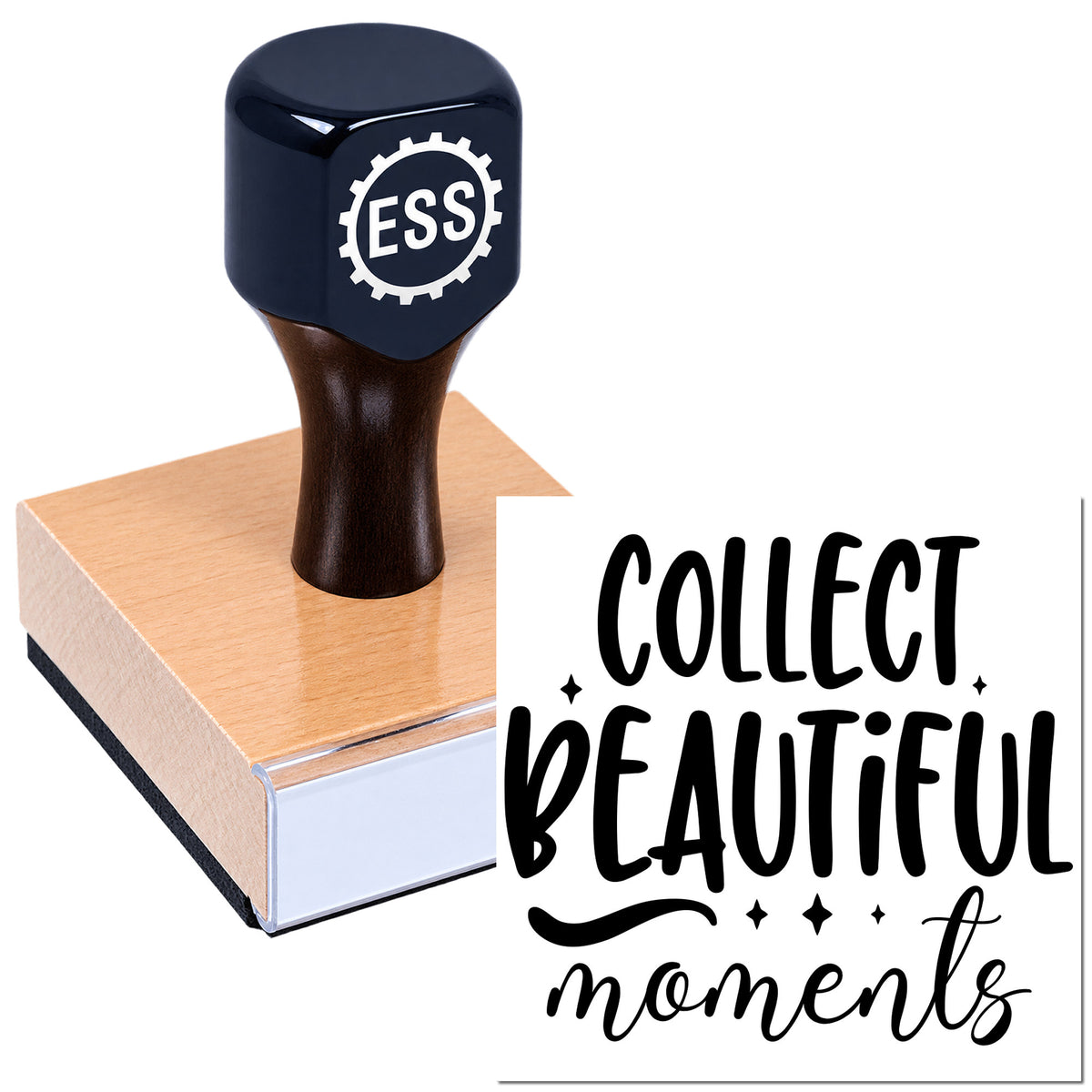 Black ESS rubber stamp on a pink seal block, with "Collect Beautiful Moments" design.