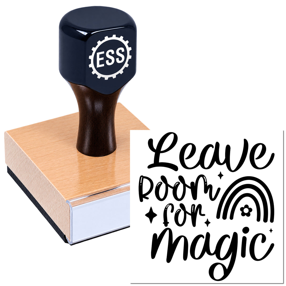 Dark blue ESS stamp and seal pressing a pink block beside "Leave room for magic" with rainbow design.
