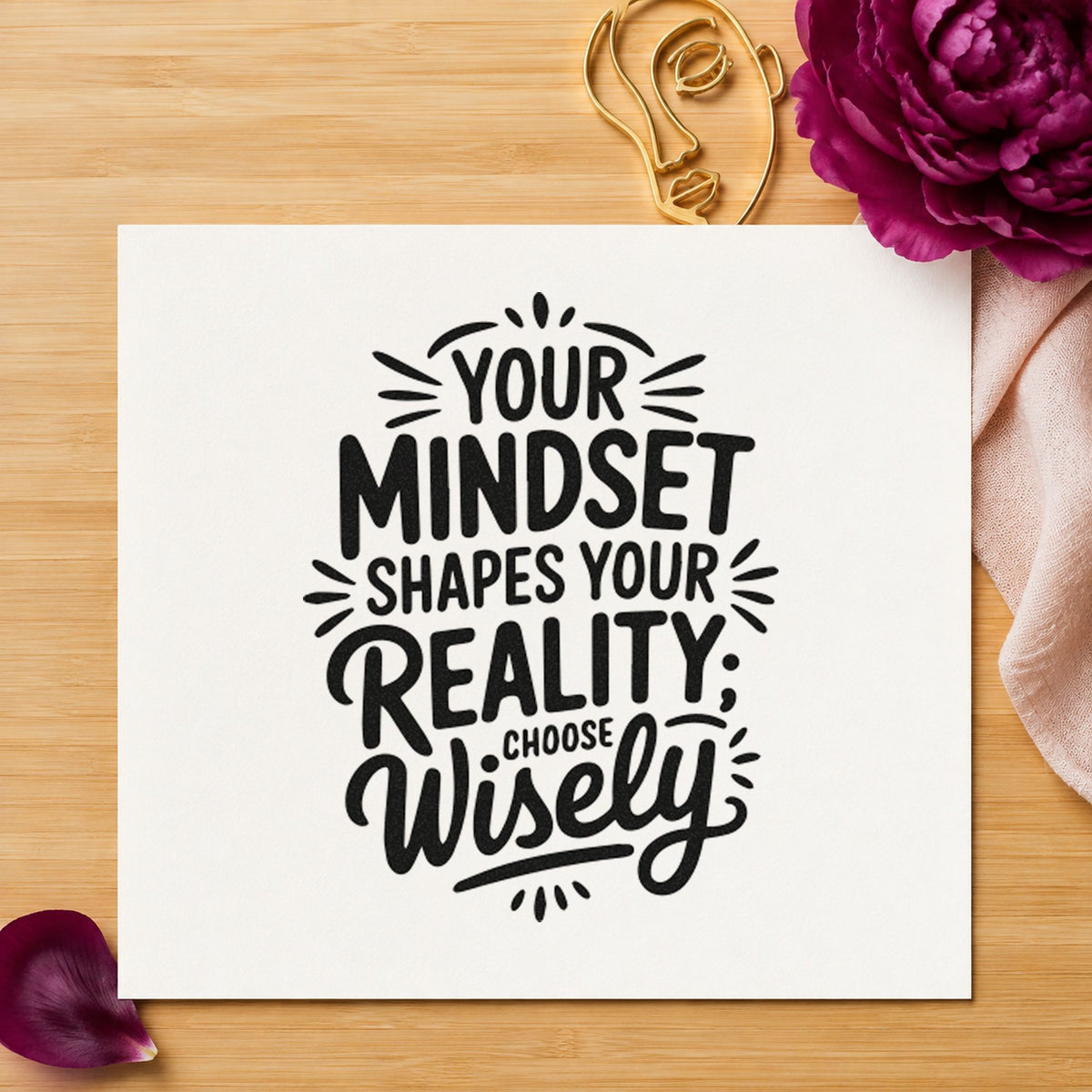 Mindset Shapes Your Reality rubber stamp printed in black ink, ready for round result sheet and similar paper crafts.