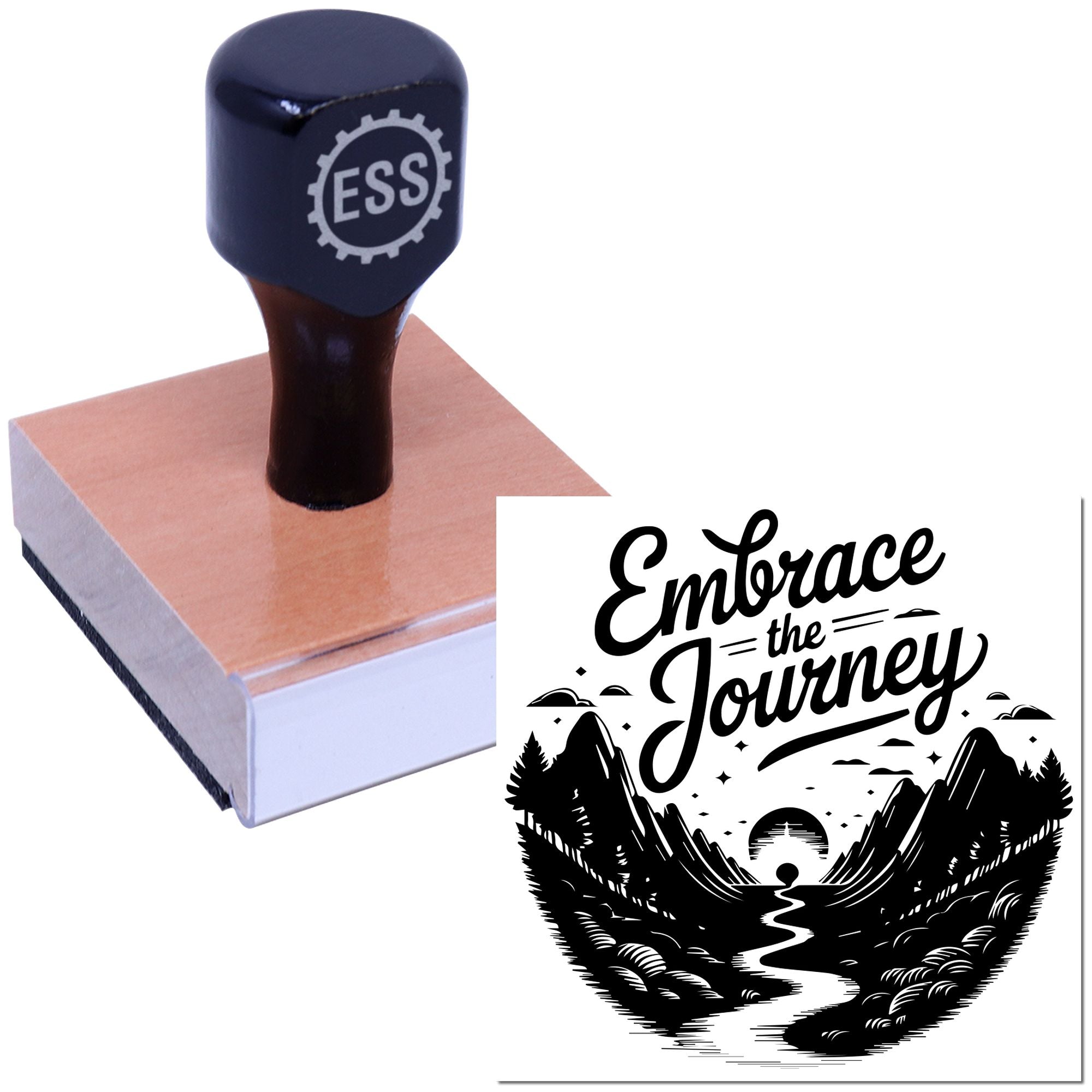 Custom rubber stamp with navy handle and pink wood block, featuring ESSI logo and Embrace the Journey seal design.