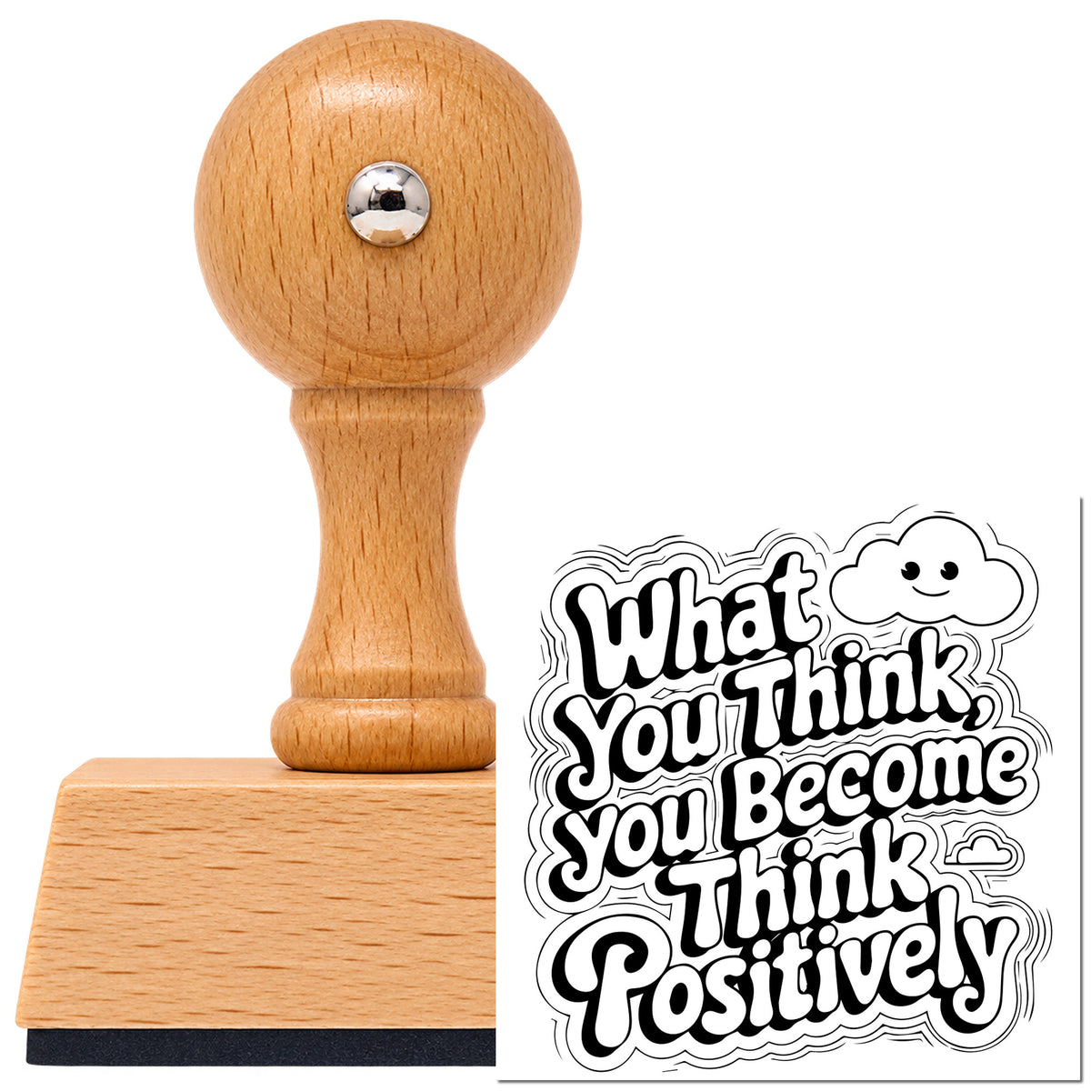 Vintage Pro beech wood stamp with a round knob handle, shown with its black Think Positive Smiling Cloud Outline Detail imprint on white.