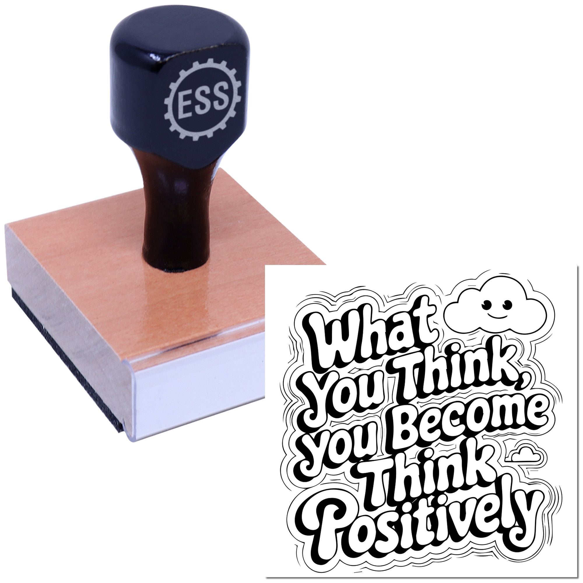 Black ESS stamp on a pink sealing block beside bold What You Think You Become Think Positively seal design.
