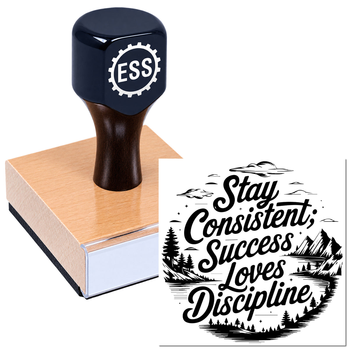 Black ESSS rubber stamp on a tan seal block, with bold black "Stay Consistent; Success Loves Discipline" text and mountain graphics.