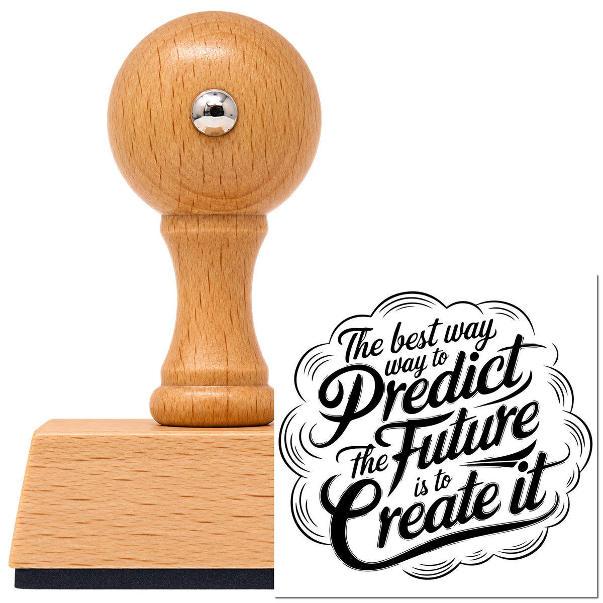 Vintage Pro beech wood stamp with a round knob handle, shown with its black Predict Future Create It imprint on white.