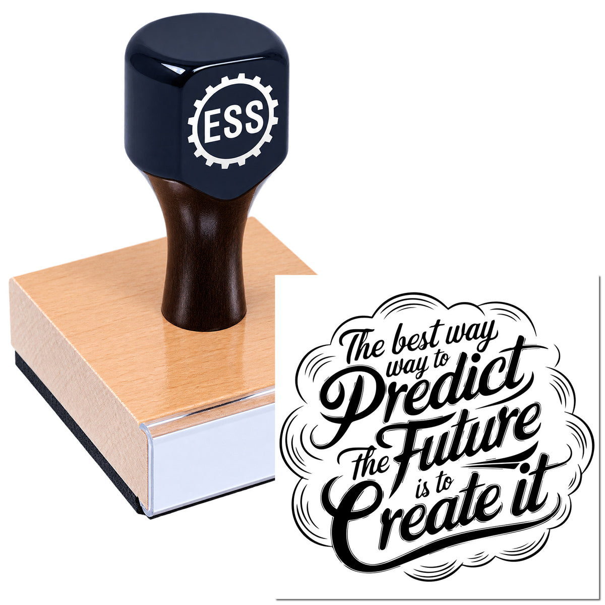 Dark navy ESS rubber stamp and seal on a wood block beside a black script slogan graphic.