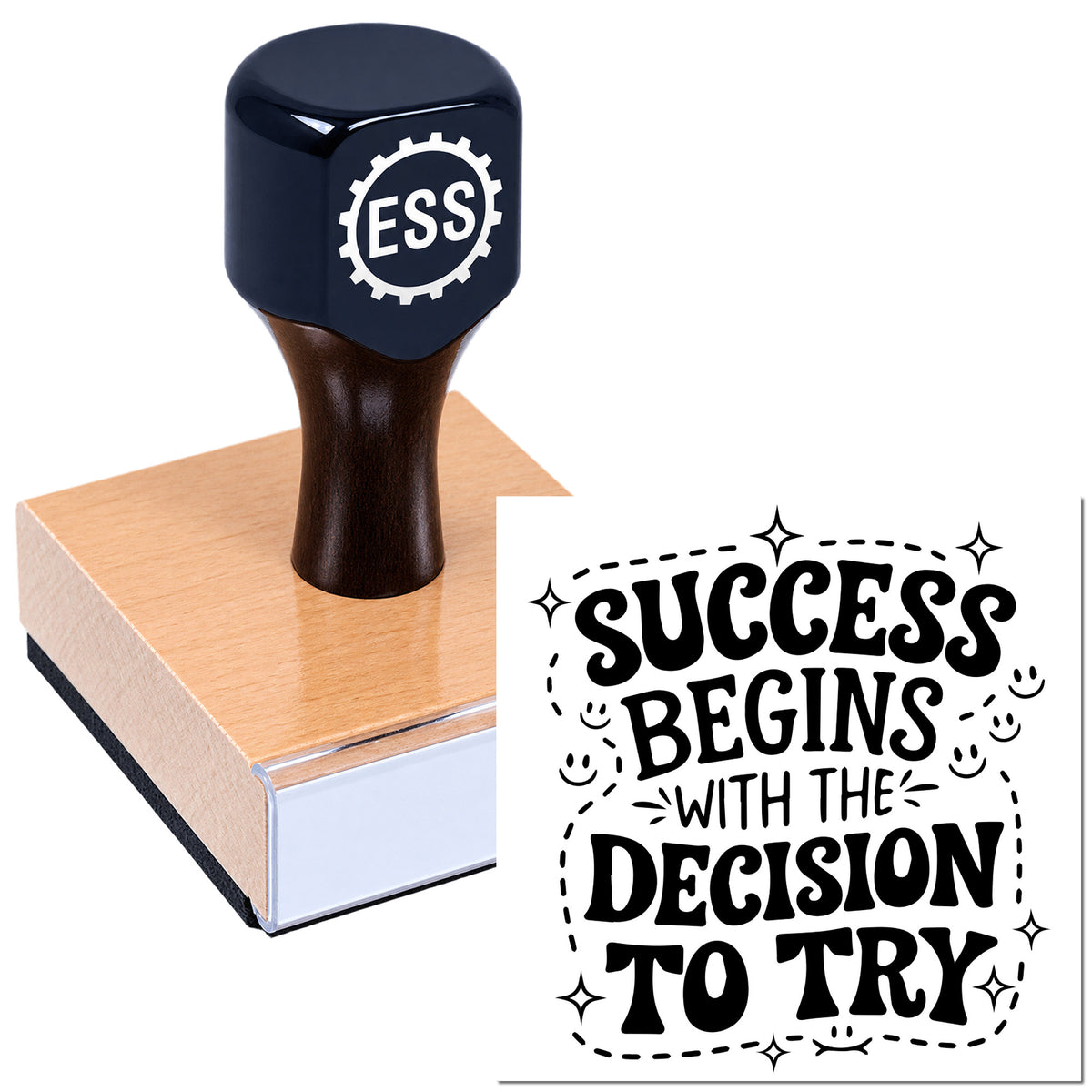 Dark blue ESSS rubber stamp and seal on a wooden block, pressed into pink material, with success design.