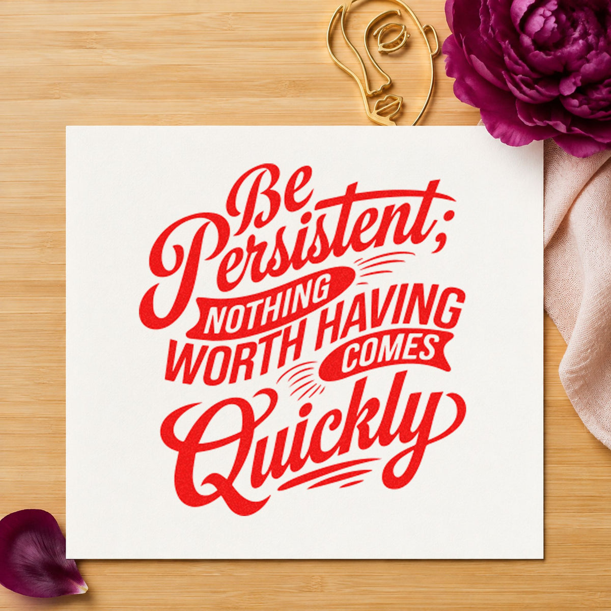 Be Persistent Nothing Quickly rubber stamp shown in red ink, stamped for projects such as drawer felt labels.
