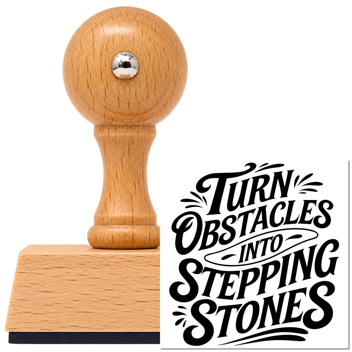 Vintage Pro beech wood stamp with a round knob handle, shown with its black Underlined Stepping Stones Motivation imprint on white.