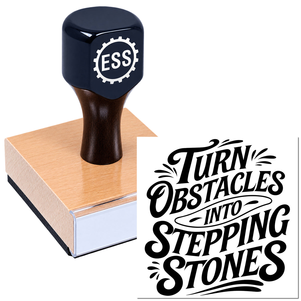 Blue ESS rubber seal stamp on a pink wax block, with black decorative "Turn Obstacles Into Stepping Stones" imprint.
