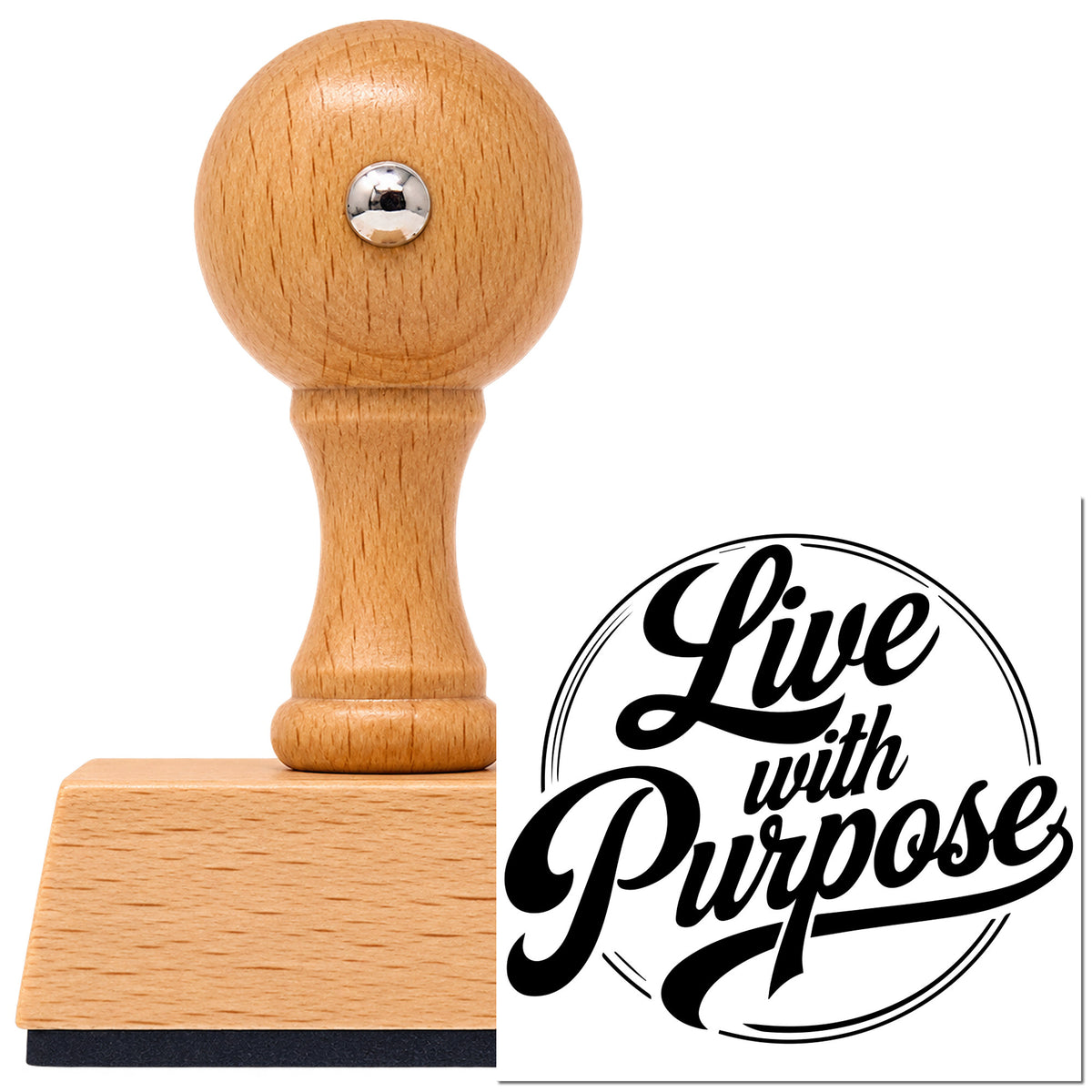 Vintage Pro beech wood stamp with a round knob handle, shown with its black Live With Purpose Circle imprint on white.