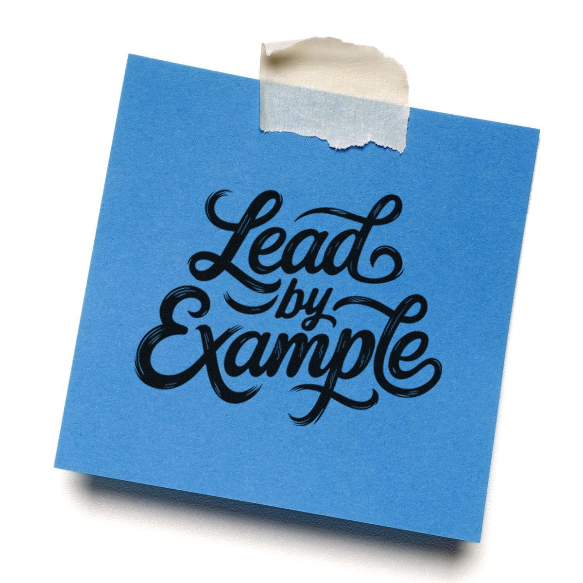 Blue square note with translucent tape and black Lead by Example stamp, showcasing a seal and stamp product.