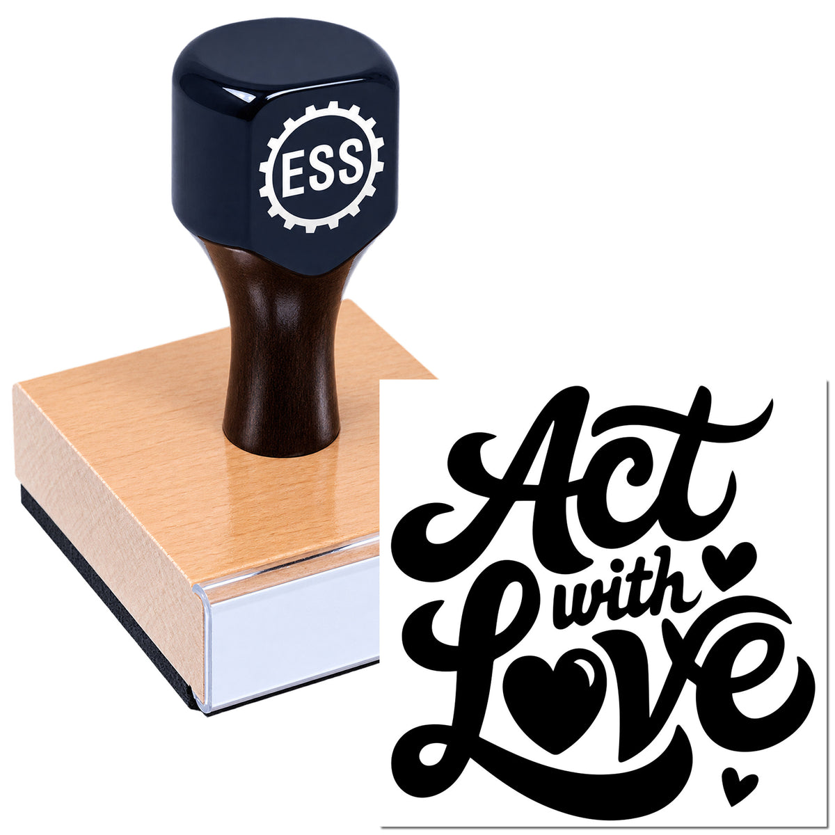 Navy custom stamp and seal with ESS logo on a wooden block beside a black "Act with Love" script seal.