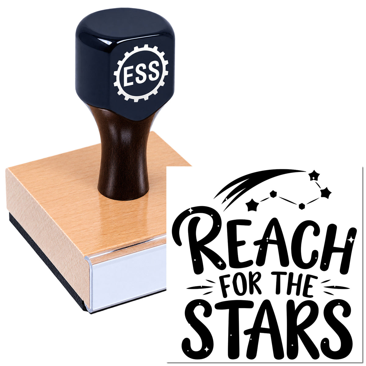 Black custom rubber stamp and seal on a wooden block, with ESS logo and "Reach for the Stars" imprint in black.
