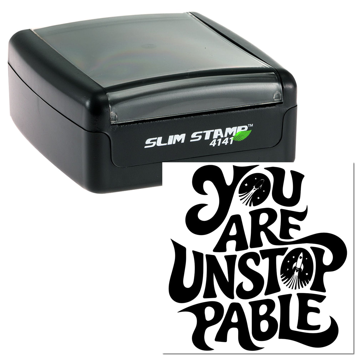 Black and gray slim self-inking stamp with You Are Unstoppable seal design on white background.