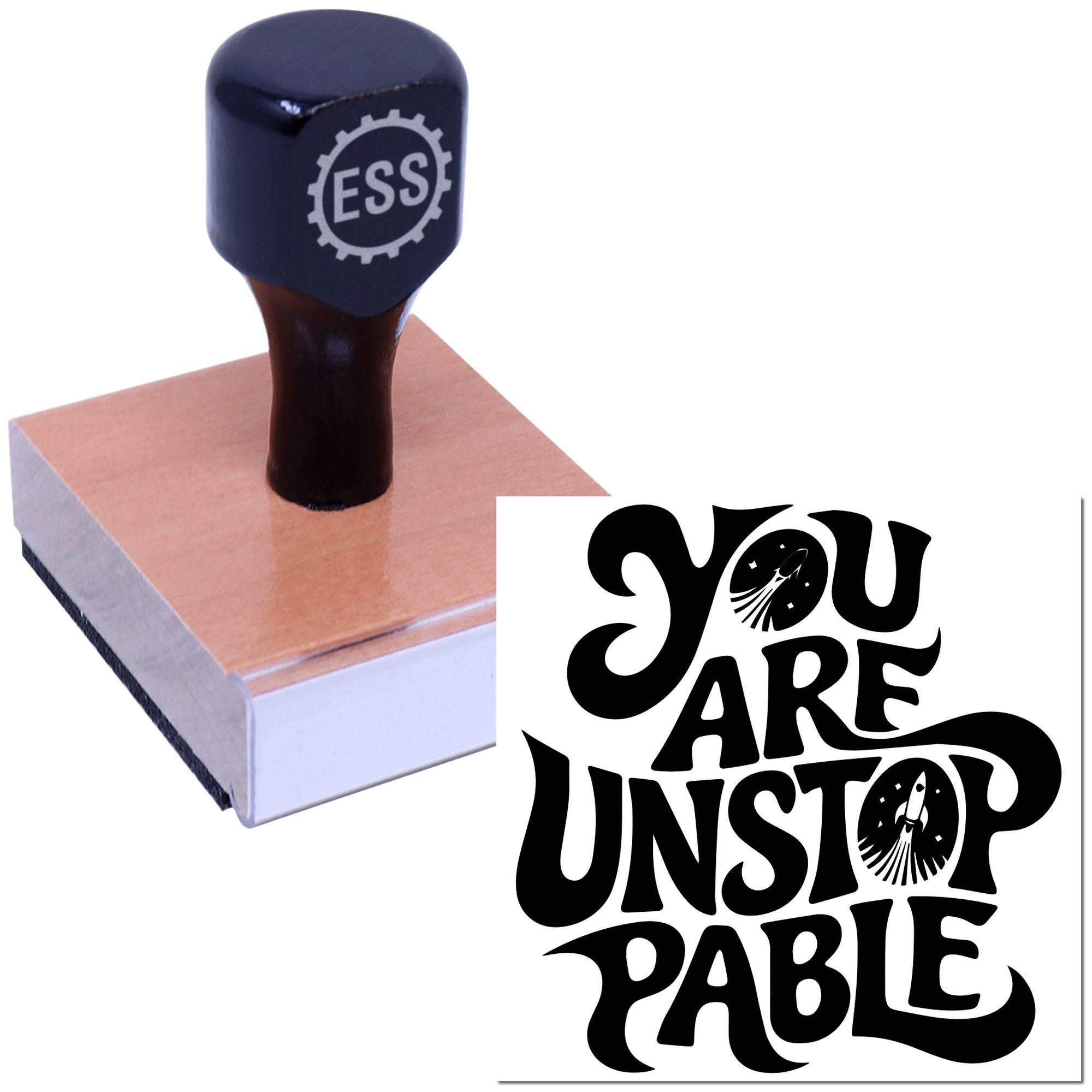 Cosmic Rocket Typography Postcard Rubber Stamp