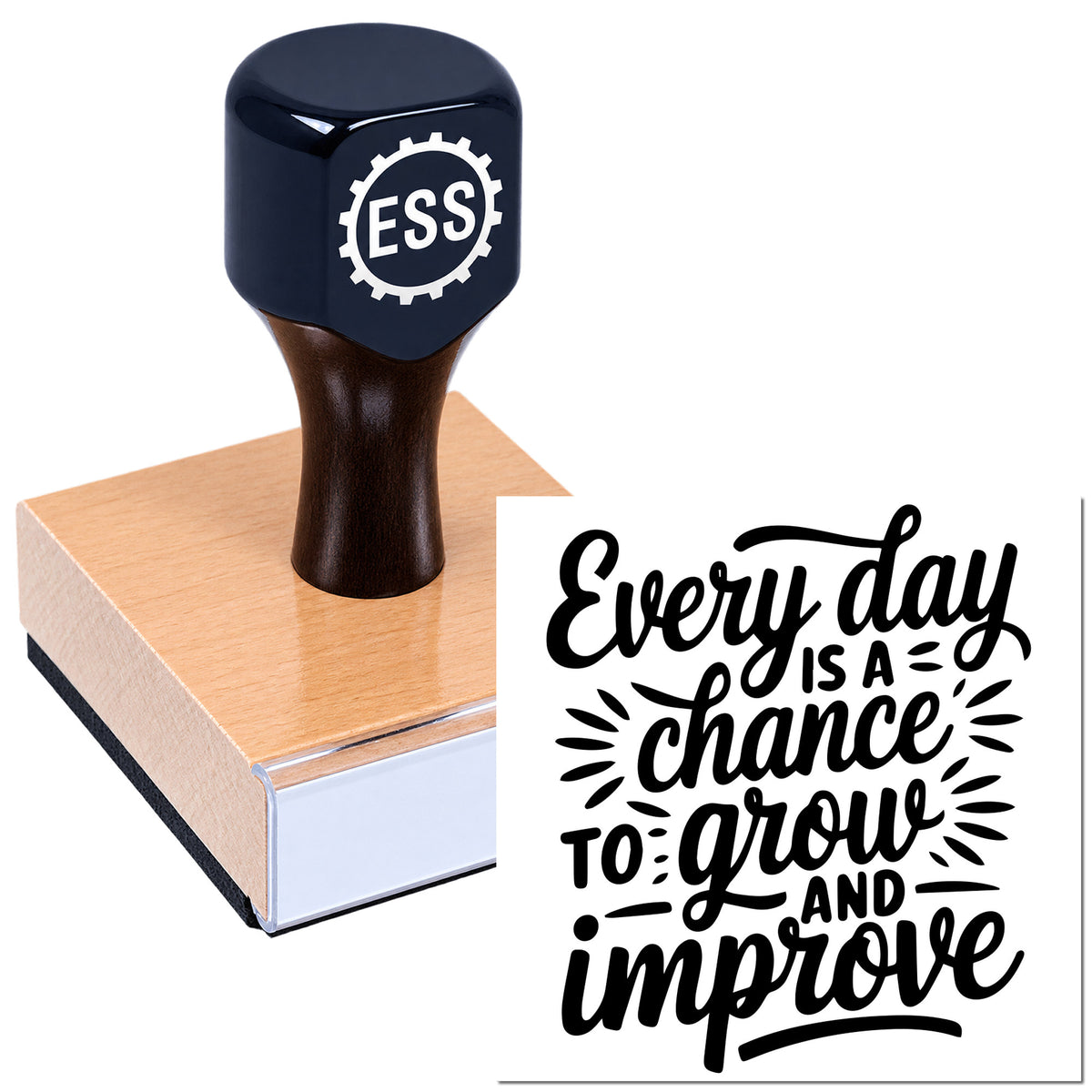 Black ESSI stamp seal on tan block, showing "Every day is a chance to grow and improve" in bold black script.