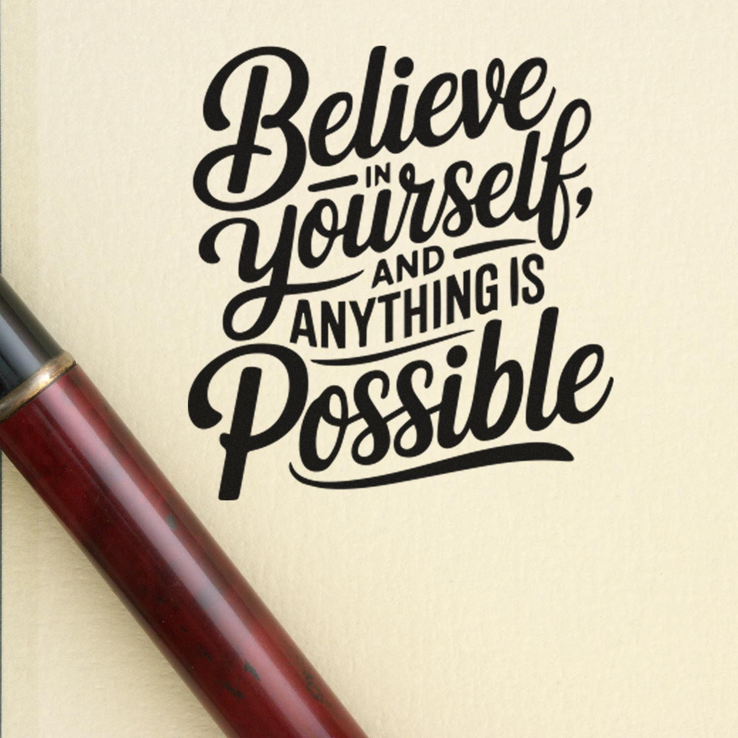 Black motivational rubber stamp reading Believe in yourself, and anything is possible on cream background with burgundy seal handle.