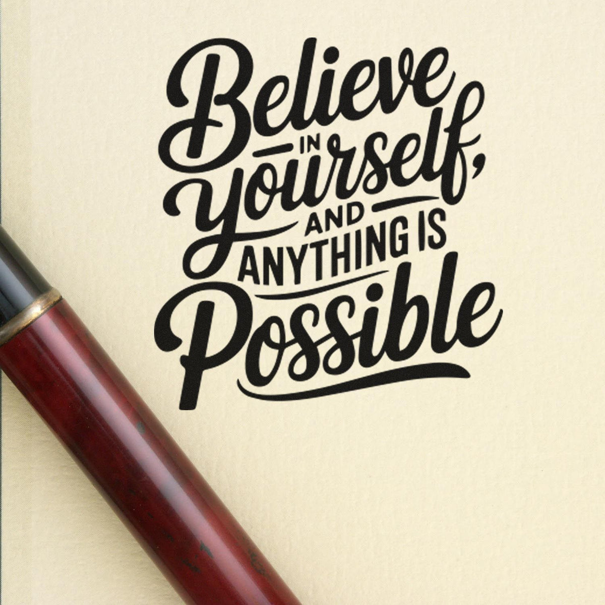 Black script rubber stamp on cream background with burgundy seal handle, reading Believe in yourself, and anything is possible.