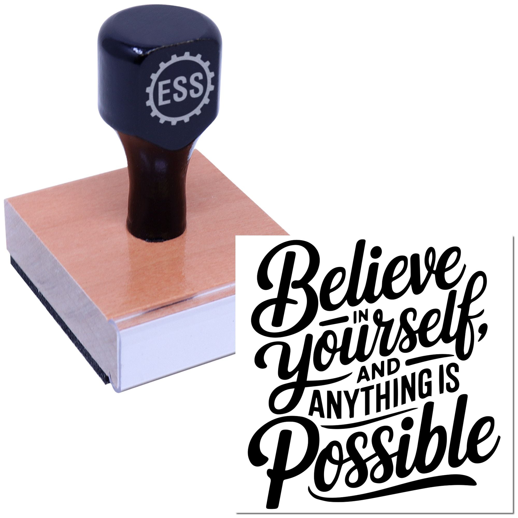 Navy blue ESS stamp on a wooden block beside a black motivational seal reading Believe in yourself and anything is possible