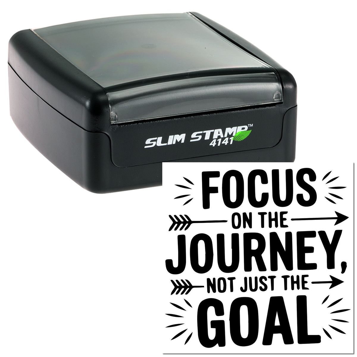 Black Slim Stamp 4141 with gray translucent cap and motivational seal reading Focus on the journey, not just the goal.