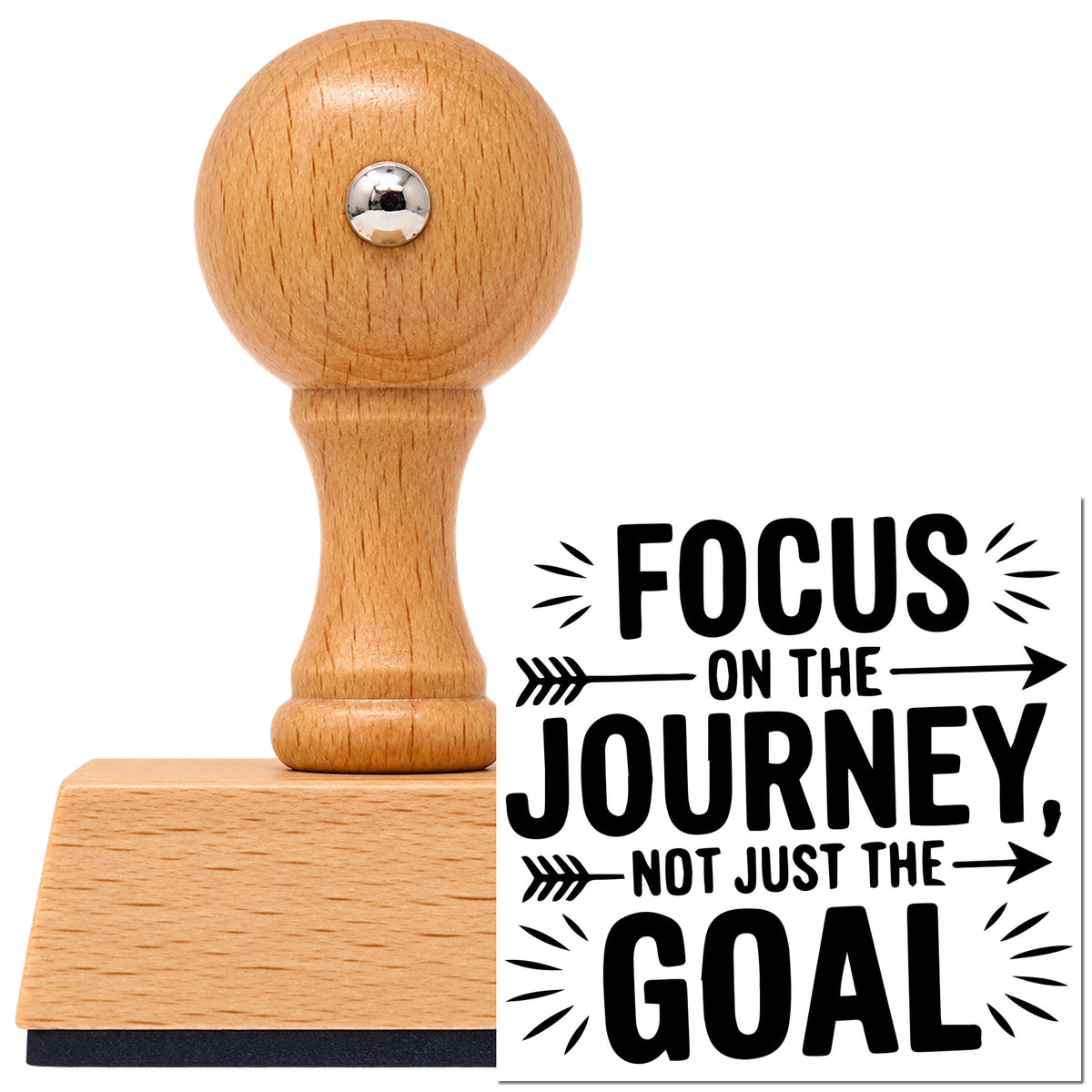 Vintage Pro beech wood stamp with a round knob handle, shown with its black Focus On Journey Goal imprint on white.