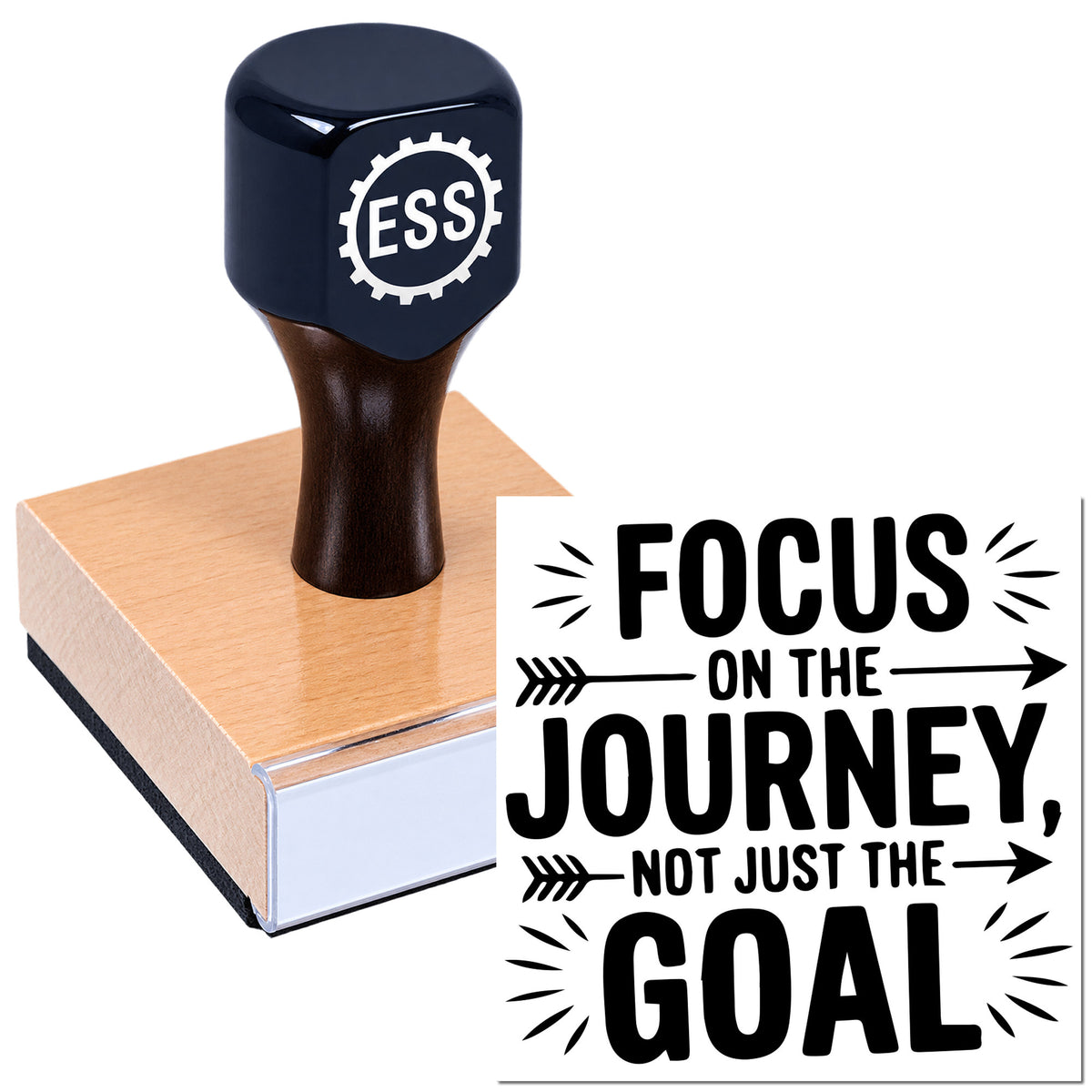 Black ESS rubber stamp seal on a copper pad beside a bold black motivational quote on white.