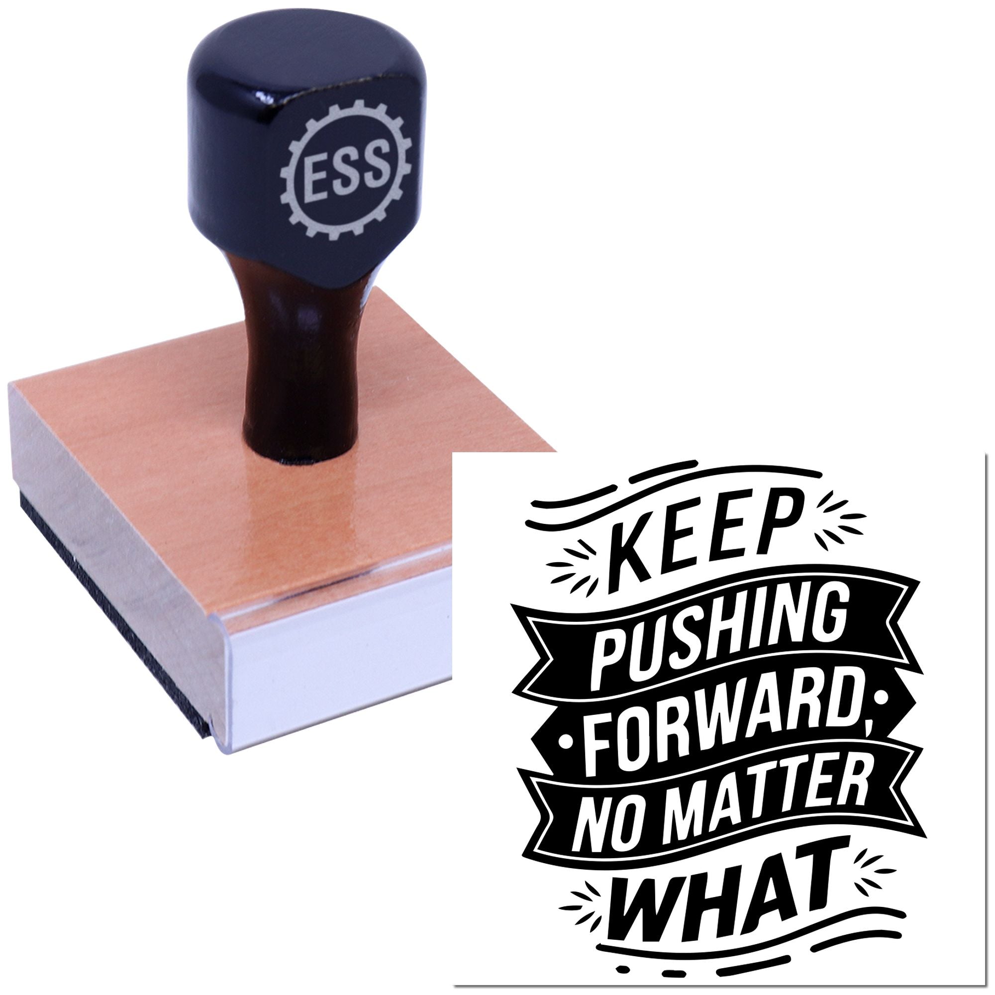 Dark navy ESS stamp and seal pressing on a pink block, with bold black Keep Pushing Forward, No Matter What graphic.