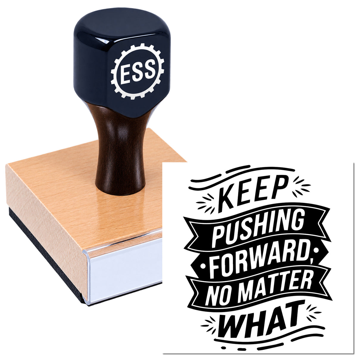 Dark navy ESS stamp and seal pressing on a pink block, with bold black "Keep Pushing Forward, No Matter What" graphic.