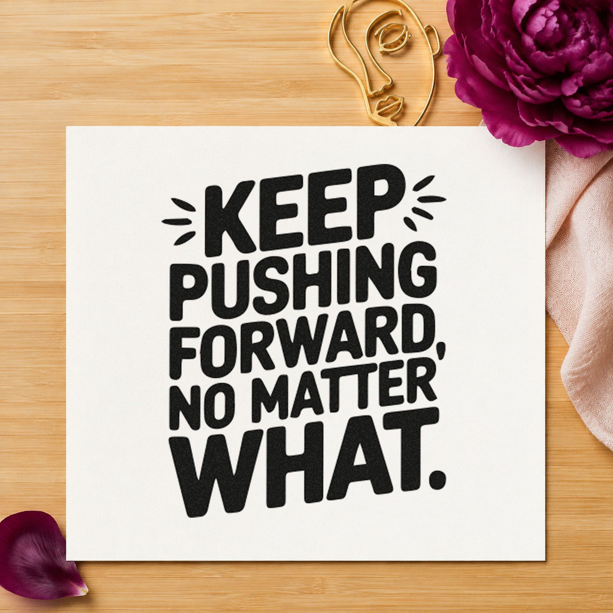 Keep Pushing Forward Quote craft stamp in black ink on cardstock, an easy option for winter album page.