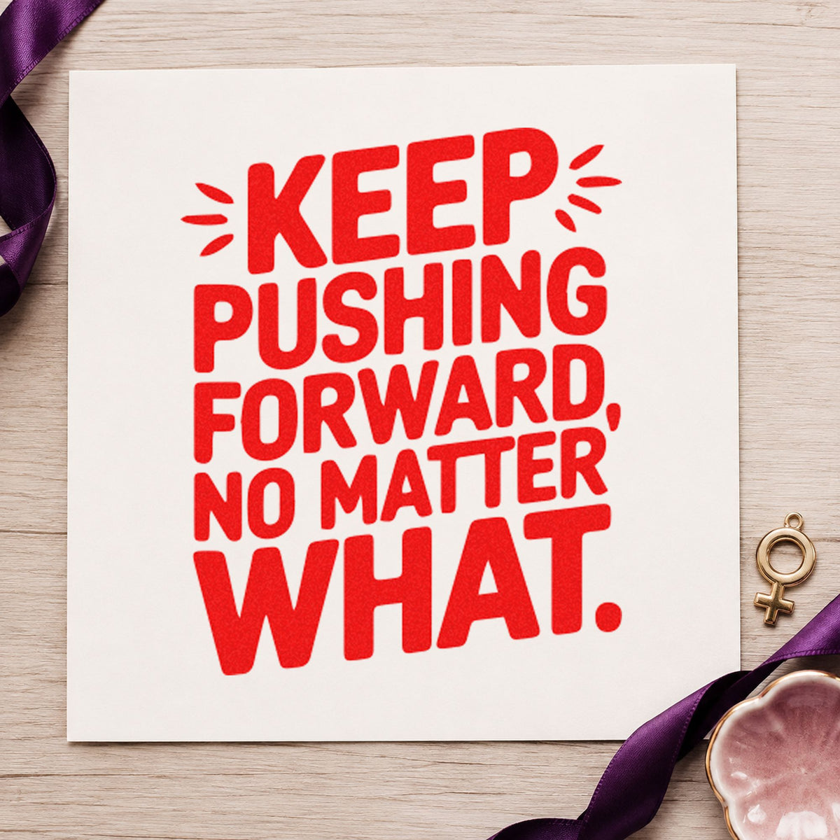 Keep Pushing Forward Quote craft stamp imprint in red ink on a handmade project, one idea being route note cards.