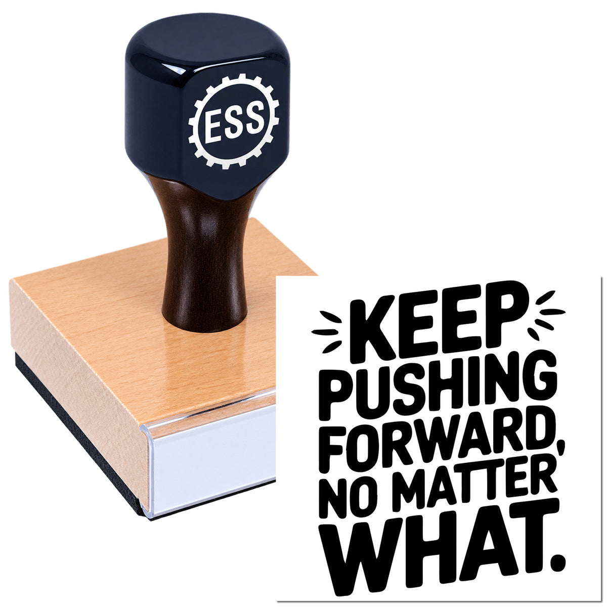Black ESS gear-style stamp on a pink sealing pad, beside a bold KEEP PUSHING FORWARD seal design.