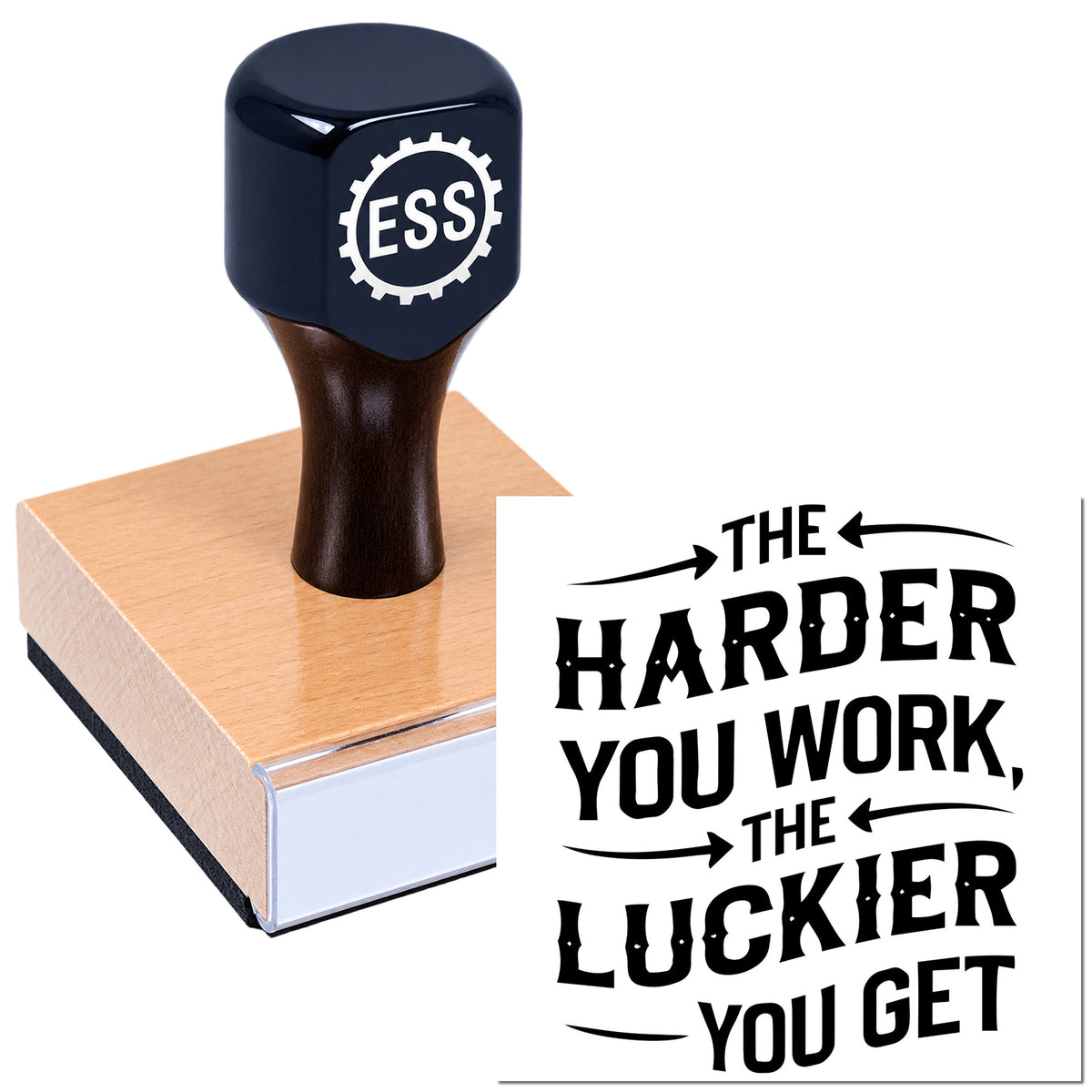 Navy ESS stamp and seal pressing into a wood block beside bold black "The Harbor You Work, The Wicker You Get" text.