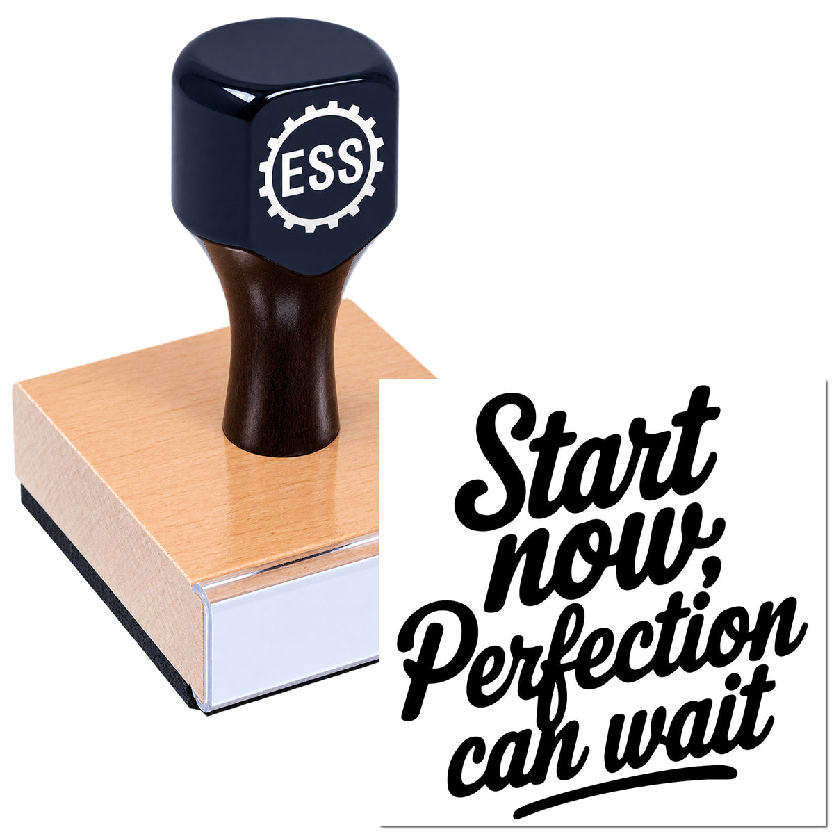 Black ESS stamp seal pressed into a pink wax block with "Start now, perfection can wait" slogan